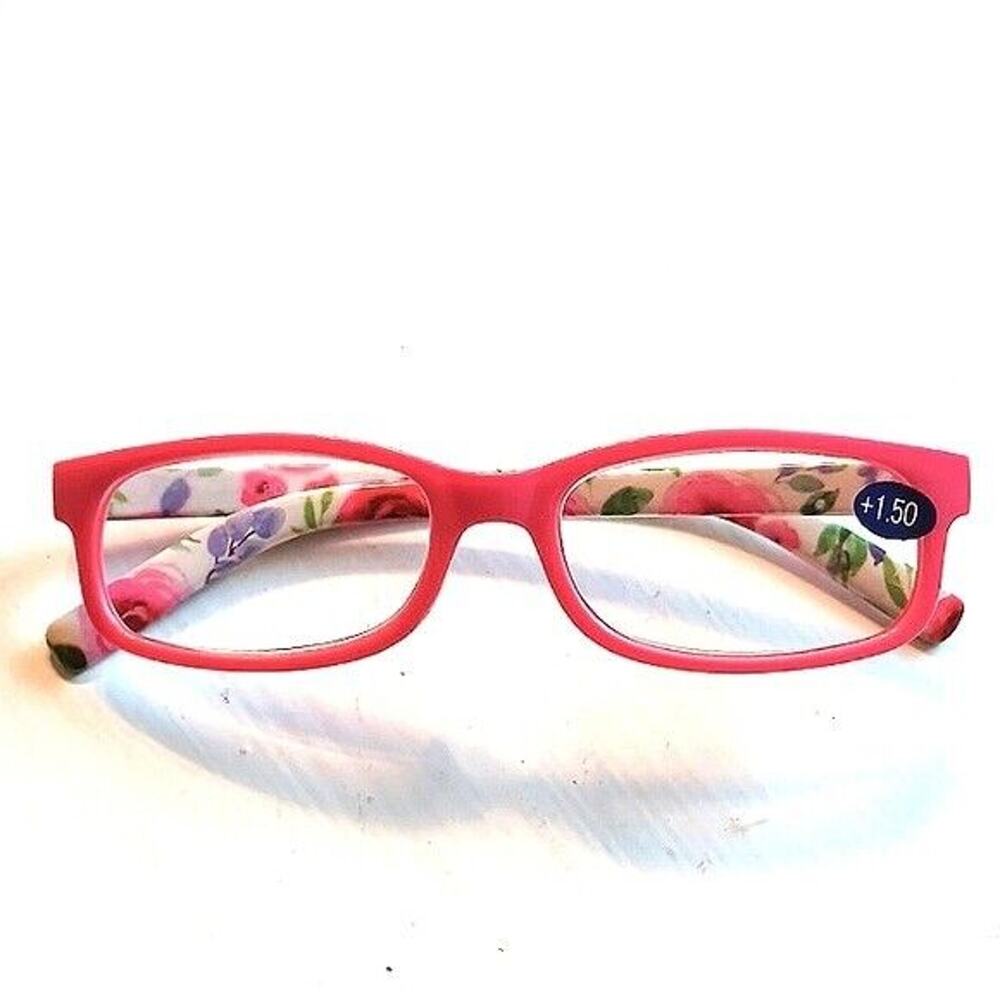 +1.50 Women Magnifier Reading Glasses CORAL PINK Roses Artsy Feminine Floral NEW